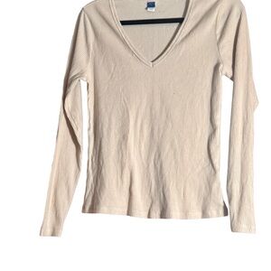 Old Navy Beige Ribbed V-Neck Long Sleeve Top